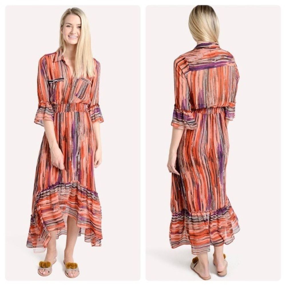 Misa Los Angeles Ofelia Striped Chiffon Long Shirt Dress Size Xs